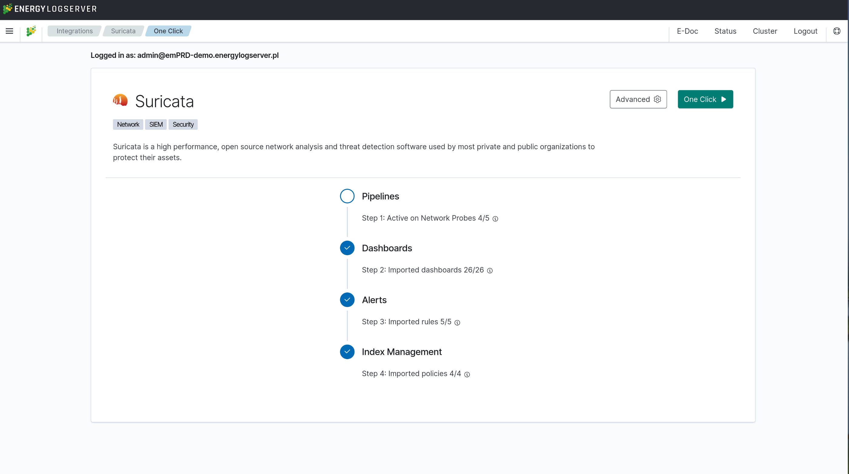 One Click page for the Suricata integration