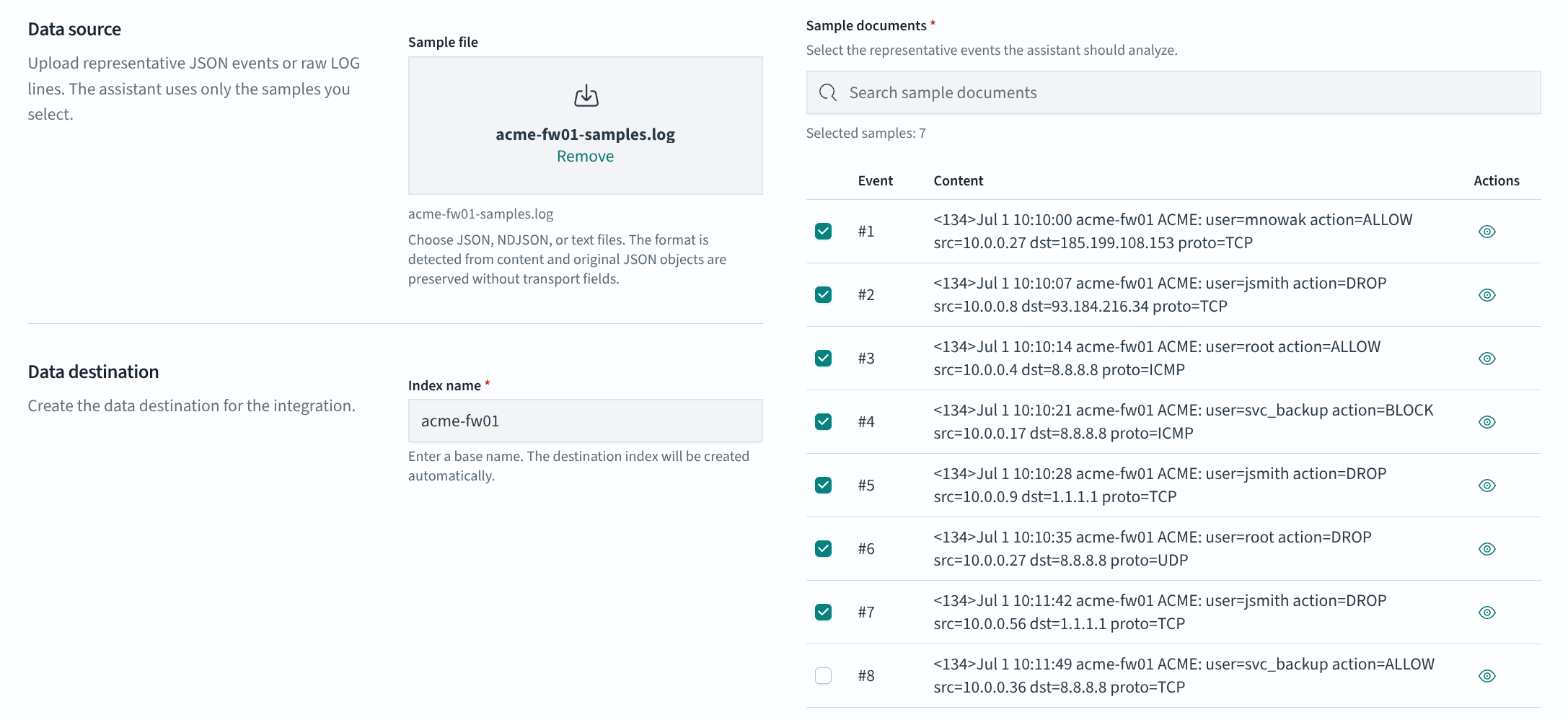 Sample documents and index name in the Configuration step