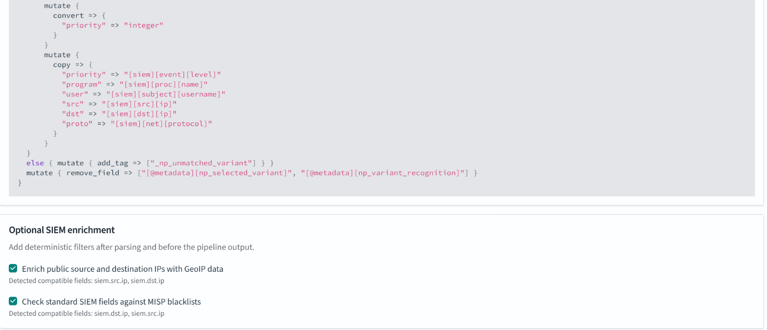Field mapping in the generated filter and the optional enrichment
